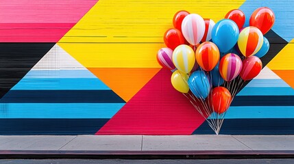 Wall Mural - Colorful balloons against a vibrant geometric mural create a lively atmosphere.