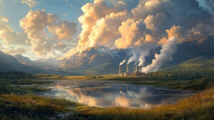 Wall Mural - Stunning Landscape with Lush Greenery, Majestic Mountains, and Industrial Facility Under Dramatic Cloudy Sky Reflected in Tranquil Lake