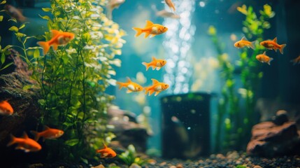 Sticker - A vibrant aquarium scene with goldfish swimming among plants and bubbles.