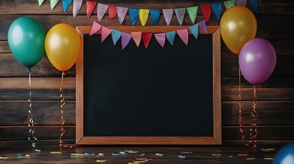 Canvas Print - A festive setup featuring balloons, a chalkboard, and colorful bunting for celebrations.