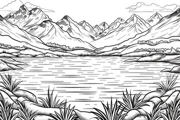 Wall Mural - Coloring book illustration of a serene lake surrounded by mountains