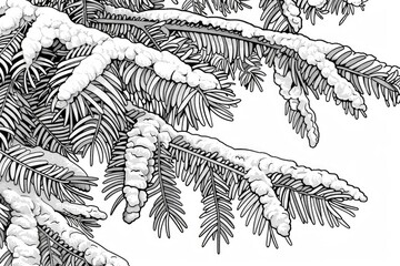 Wall Mural - Coloring book illustration of a fir tree branch adorned with snow in a serene winter forest setting