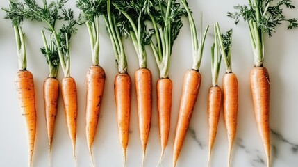 Wall Mural - Fresh, vibrant carrots with green tops arranged on a light surface.