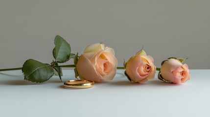 Poster - A serene arrangement of peach roses and wedding bands, symbolizing love and commitment.