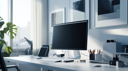 Poster - A modern workspace featuring a computer, stationery, and decorative elements.