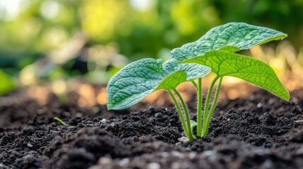 Canvas Print - A young plant sprouting from rich soil in a garden setting, symbolizing growth and nature.