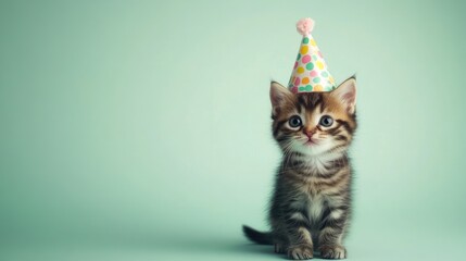 Sticker - A cute kitten wearing a colorful party hat, celebrating a festive occasion.