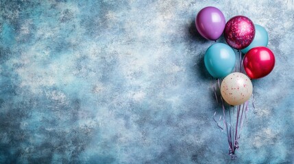 Poster - A collection of colorful balloons against a textured blue background, ideal for celebrations.