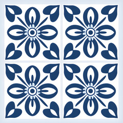 Ceramic blue floral tiles. Traditional mosaic Portuguese azulejo motifs. Vintage Floor Tile geometric design with ornamental element