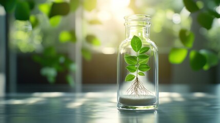 Canvas Print - A glass bottle containing a small plant with roots, symbolizing growth and sustainability.