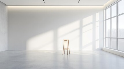 Sticker - A minimalist interior space featuring a wooden stool and large windows with natural light.