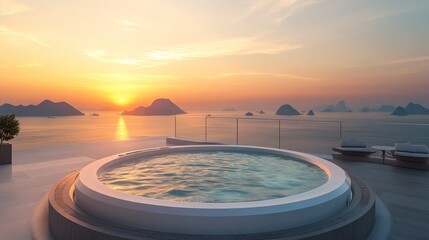 Canvas Print - A serene hot tub overlooking a sunset over tranquil waters and distant islands.