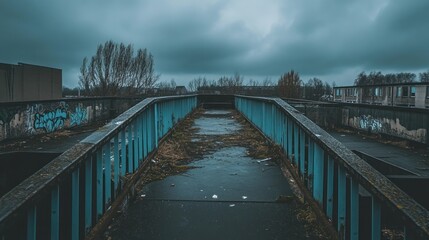 Wall Mural - A desolate walkway with overgrown vegetation and graffiti under a cloudy sky.