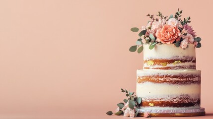 Poster - A two-tiered cake adorned with flowers and greenery, set against a soft pink background.