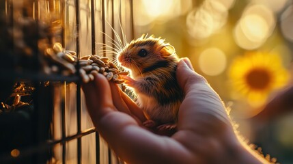 Sticker - A hand gently interacts with a hamster near its cage, surrounded by a warm, natural backdrop.