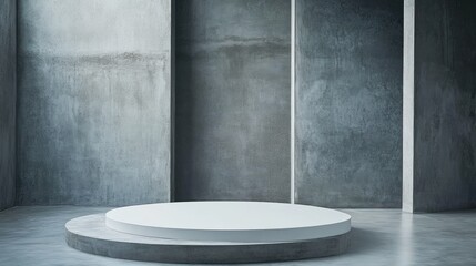 Wall Mural - A minimalistic concrete room featuring a circular podium, ideal for presentations or displays.