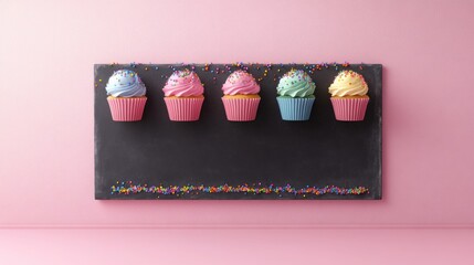 Canvas Print - Colorful cupcakes displayed on a chalkboard with sprinkles.