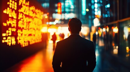 Wall Mural - A businessman walks through a vibrant urban environment, illuminated by city lights.