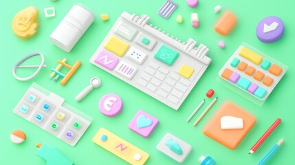 Sticker - A colorful arrangement of playful office supplies and tools on a vibrant background.