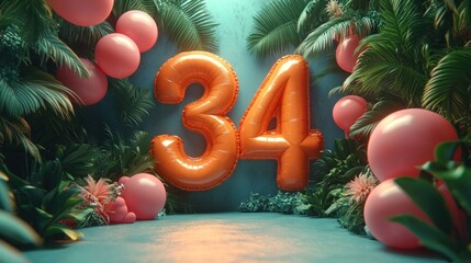 A vibrant scene featuring the number 34 amidst tropical foliage.