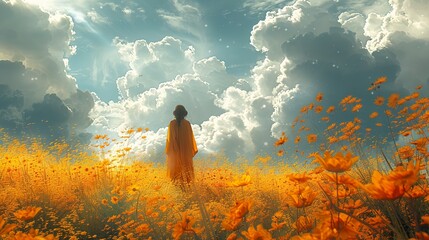 Poster - Woman in a Field of Yellow Flowers Under a Dreamy Sky