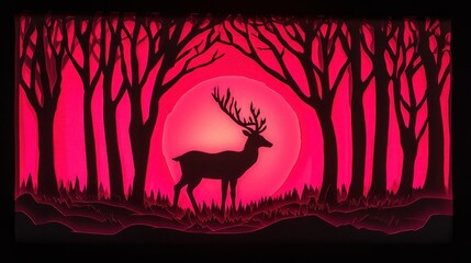 Poster - A silhouette of a deer against a vibrant pink sunset, surrounded by dark trees.