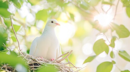 Poster - A serene white dove perched in a nest surrounded by lush green leaves and soft sunlight.