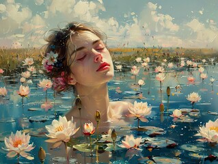 Wall Mural - Dreamy Portrait of a Woman in a Pond of Water Lilies