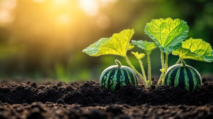 Wall Mural - Young watermelons growing in soil with vibrant green leaves under sunlight.