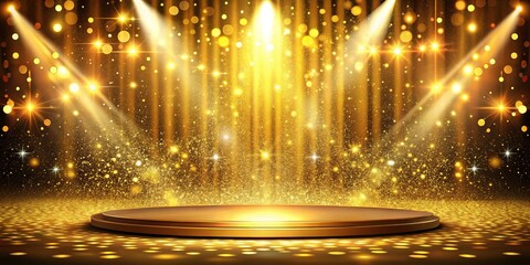 A luxurious gold-themed stage scene adorned with shimmering glitter light effects and dreamy bokeh, creating an elegant and captivating background for vector illustrations.