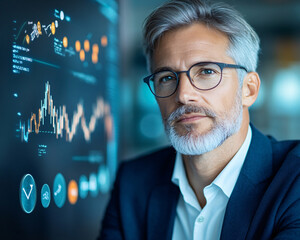 A man in a suit is looking at a computer screen with a lot of numbers and graphs. He is focused and serious, possibly analyzing data or making a decision based on the information displayed