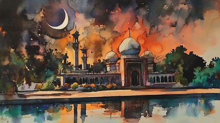 Watercolor Painting of a Mosque at Night with a Crescent Moon and Stars.