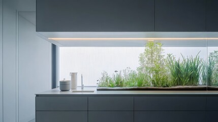 Wall Mural - A modern kitchen featuring a window garden with various plants and minimalist design.