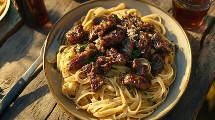 Poster - A plate of pasta topped with beef, garnished with herbs, served outdoors.