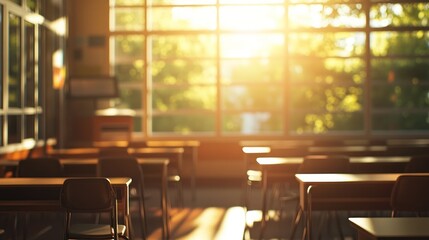 Canvas Print - A sunlit classroom with empty desks, evoking a sense of learning and reflection.