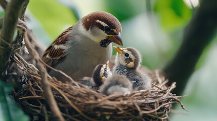 Canvas Print - A sparrow feeds its chicks in a nest surrounded by greenery.