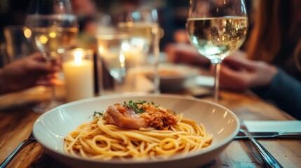 Sticker - A plate of pasta with shrimp, set in a cozy dining atmosphere with wine glasses.