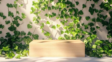 Canvas Print - A wooden box surrounded by lush green ivy, creating a serene and natural atmosphere.