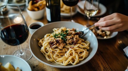 Sticker - A delicious plate of pasta served with wine and sides in a cozy dining setting.