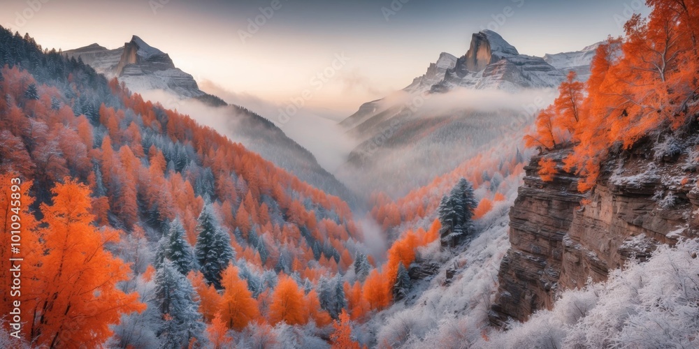 Peaks prowling orange rushing covered forest view weaving fog leaf ...