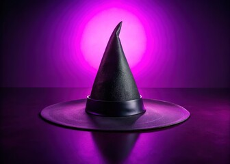 A sleek black witch hat stands out against a vibrant purple backdrop, perfect for Halloween. Ideal space available for your unique design and text to enchant.