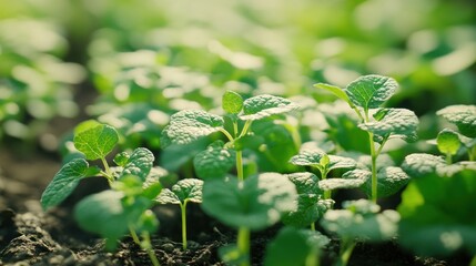 Wall Mural - Lush green seedlings emerging from rich soil, symbolizing growth and renewal.