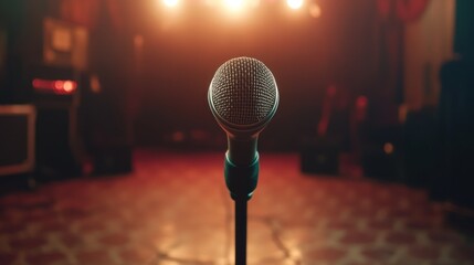 Canvas Print - A microphone stands on stage, illuminated by warm lights, ready for a performance.