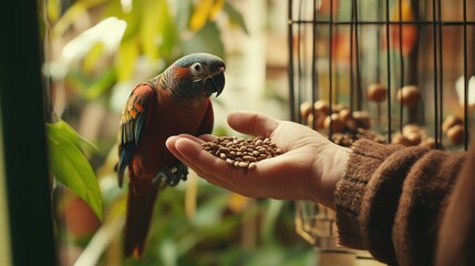 Sticker - A colorful parrot perched near a hand holding seeds, surrounded by greenery.