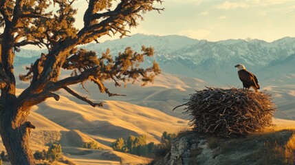 Sticker - A majestic eagle perched on its nest amidst a scenic mountain landscape at sunset.