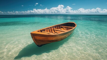 Wall Mural - Tranquil Wooden Boat Floating on Crystal Clear Turquoise Waters Under a Vibrant Blue Sky with Fluffy White Clouds