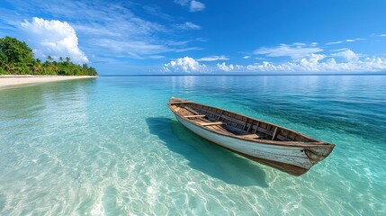 Wall Mural - Tranquil Wooden Boat Floating on Crystal Clear Tropical Waters Near Pristine White Sand Beach Under a Bright Blue Sky