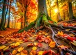 © hapsuwanArt - Autumn leaves and tree roots intertwine on the forest floor, showcasing nature's stunning beauty through vibrant colors, creating a serene, picturesque fall landscape.