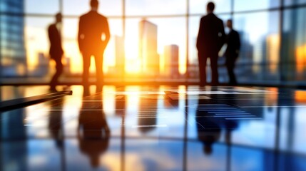 Poster - Silhouetted figures in a modern office at sunset, symbolizing business and collaboration.