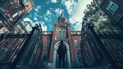 Wall Mural - A person gazes up at a grand, historic building under a dramatic sky.